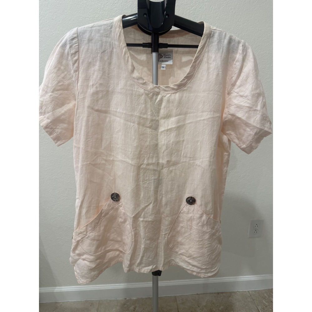 Heart's Desire by Mary Grace Pink Linen Tunic Top Short Sleeve‎ Pocket S READ